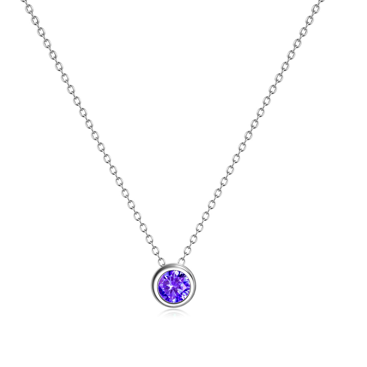 Simulated Birthstone Necklace CZ Halo Pendant Cubic Zirconia Sterling Silver Necklaces Gifts for Women Girls (Purple-Feb)
