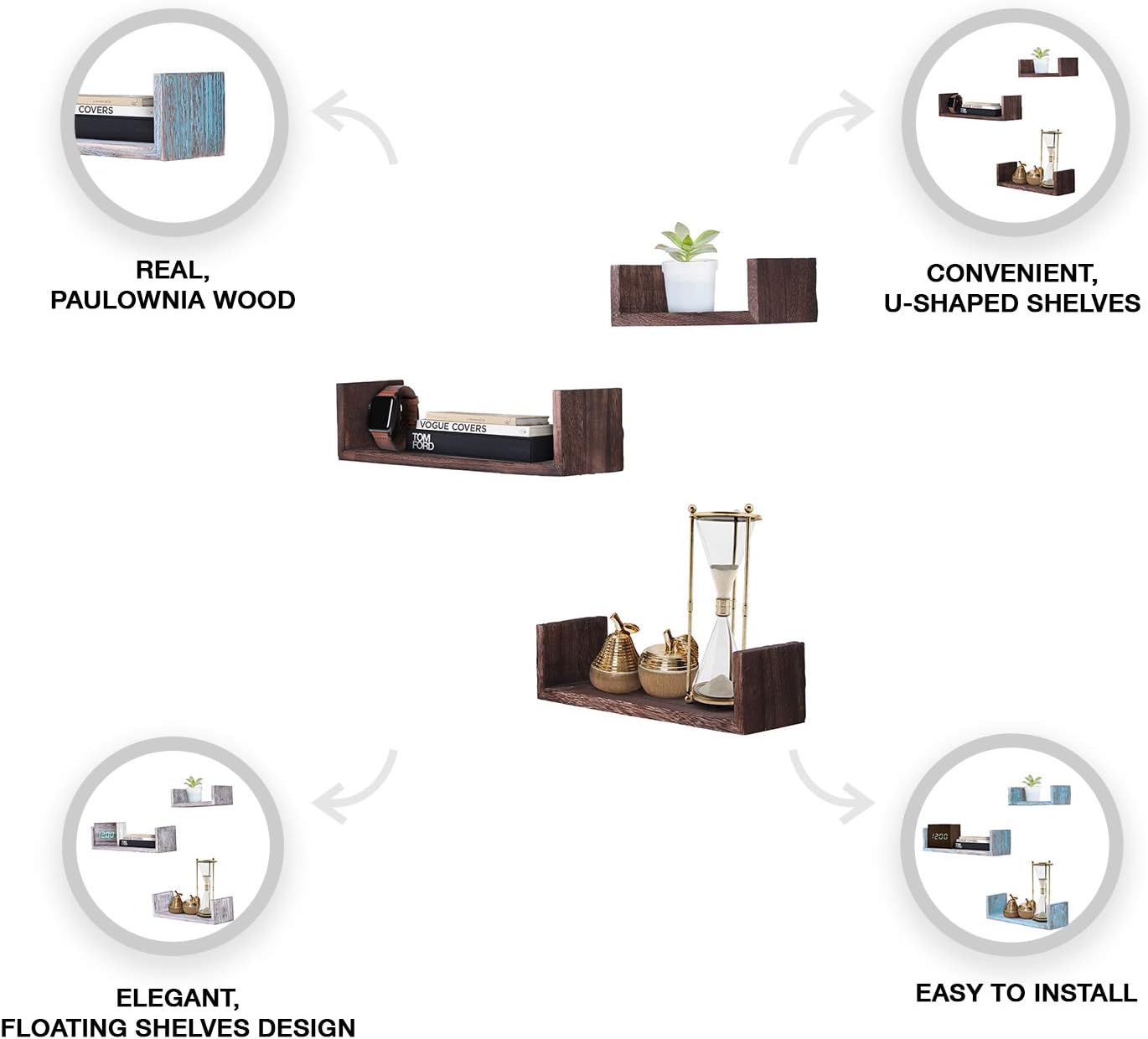 Rustic Wall Mounted UShaped Floating Shelves Set of 3 Large