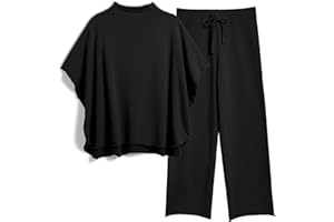 SeeLuNa Women's Two Piece Outfits 3/4 Batwing Sleeve Capelet Crew Neck Pullover Top Wide Leg Pants Lounge Set