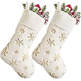 SherryDC White Plush Christmas Stockings 2 Pack, 19" Silver & Gold Snowflake Sequin Embroidered Fireplace Hanging Stockings Set for Christmas Decoration