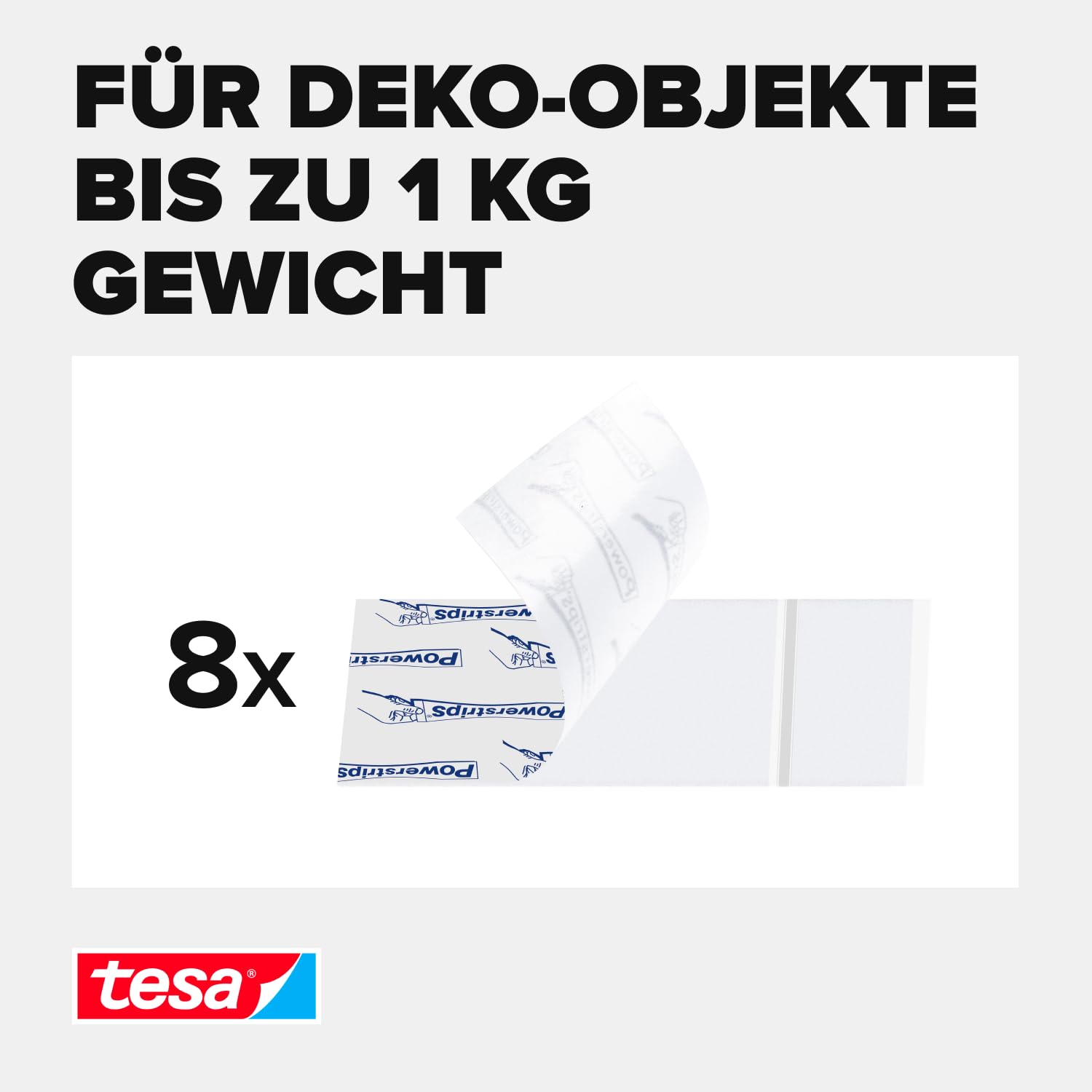 tesa Powerstrips transparent Deko - doppelseitige Klebestreifen für leichte Dekorationen, bis zu 1kg Haltekraft - selbstklebend 1kg 8 Powerstrips 3