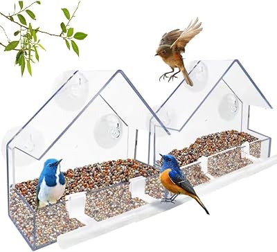 WLLKOO Window Bird Feeder 2 Pack Acrylic with 4 Rods Drain Holes 5.9 x 2.4 x