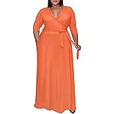 Nmoder Plus Size Maxi Dress for Women - Summer Casual 3/4 Sleeve Floral Flowy Long Dress with Belt XL- 6XL