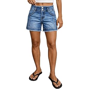 Flamingals Mid Waist Denim Raw Hem Dual Shorts for Women | Button Stitch Detail Mid Thigh Length Jean Shorts with Pockets