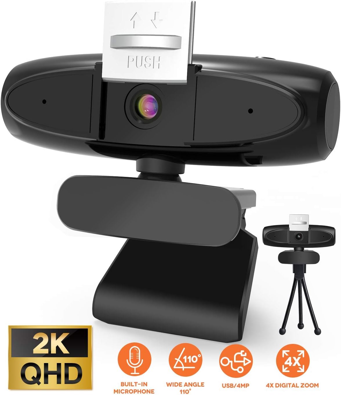 2K Webcam with Microphone for Desktop, USB Web Camera with 4X Digital Zoom, Streaming Camera with Privacy Cover & Tripod 110° Wide Angle for Windows Mac Video Calling Recording Conferencing
