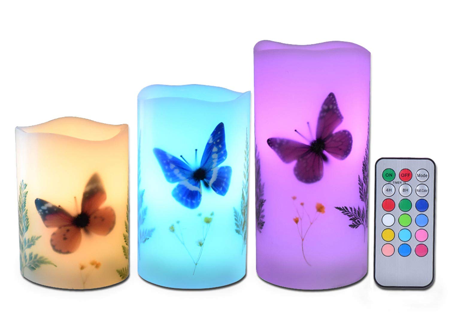 Candles Set of 3 Flameless 4" 5" 6" Unscented Tealight Butterfly Flower Plants Decor Real Wax Pillar Candle LED Lights 12 Color Changing 4H 8H Timer Remote Control AAA Batteries Operated