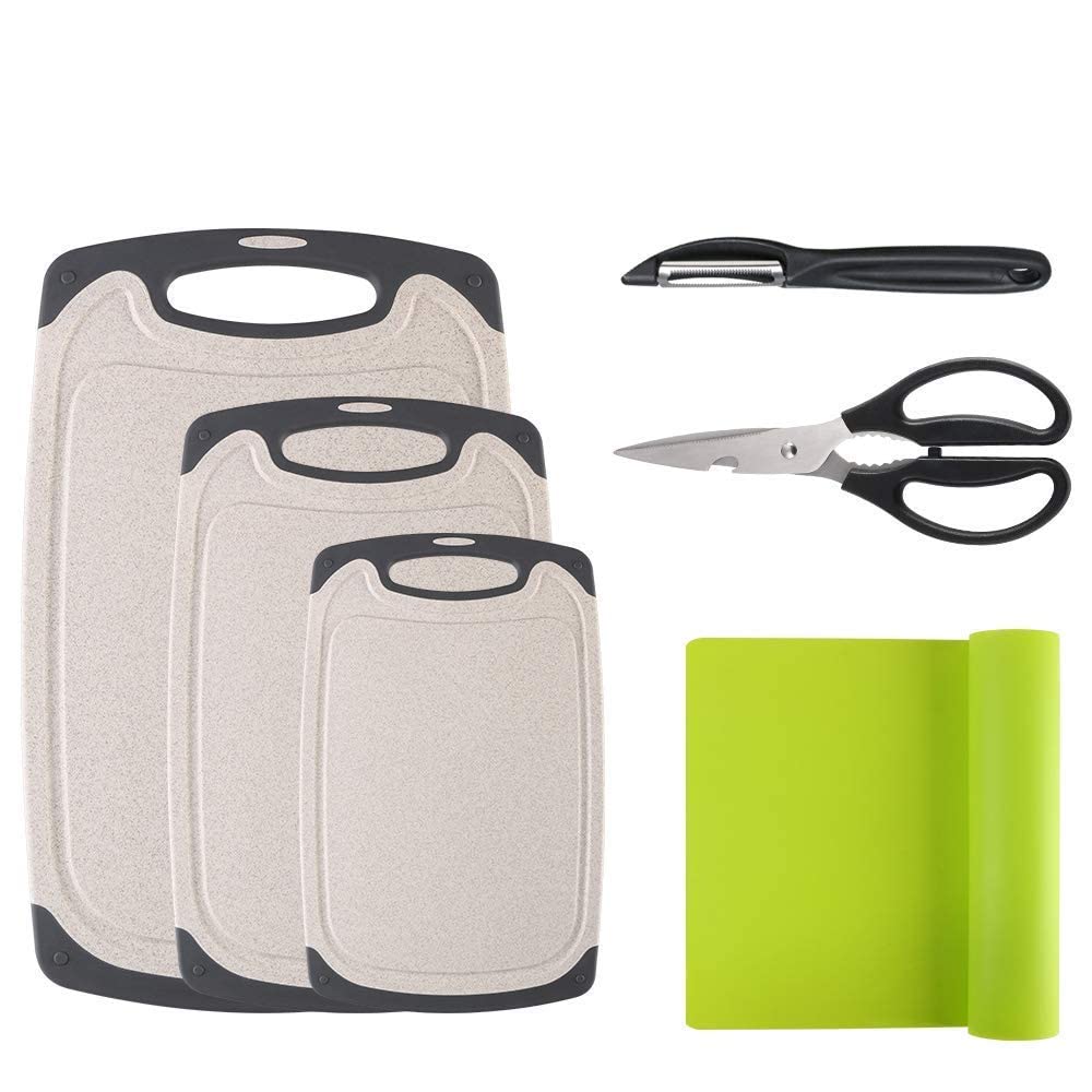 Vicloon Molded Polypropylene Cutting Board Set with Juice Groove, Non-Slip Mat, Peeler, Scissors (Black, Gray, 6 Pieces, 40.1 cm x 24.4 cm x 0.9 cm)