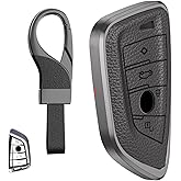 for BMW Key Fob Cover, Leather & Aluminum Full Protection Case – Premium Anti-Scratch Shell with Keychain, Compatible with 3 5 7 X M3 M4 M5 X1 X3 X5 Accessories (A-Black)