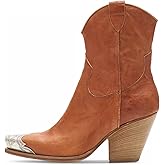 keleimusi Women's Western Cowgirl Ankle Boots Stacked Block Heel Cowboy Booties Steel Toe Heeled Short Cowboy Boots Side Zipper Western Booties for Women