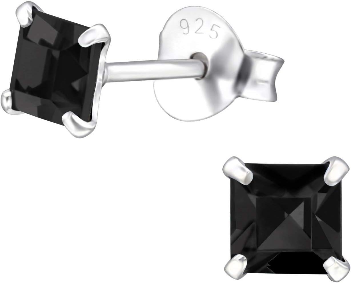 925 Sterling Silver with sparkling Crystals small square stud earrings 4mm in various sparkly colours anti allergy hypoallergenic nickel free jewellery ladies sensitive ears gift box