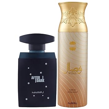 Maryaj After Dark Eau De Parfum Woody Aromatic Perfume 100ml for Men and Ajmal Wisal Deodorant Floral Musky Fragrance 200ml for Women + 2 Parfum Testers FREE