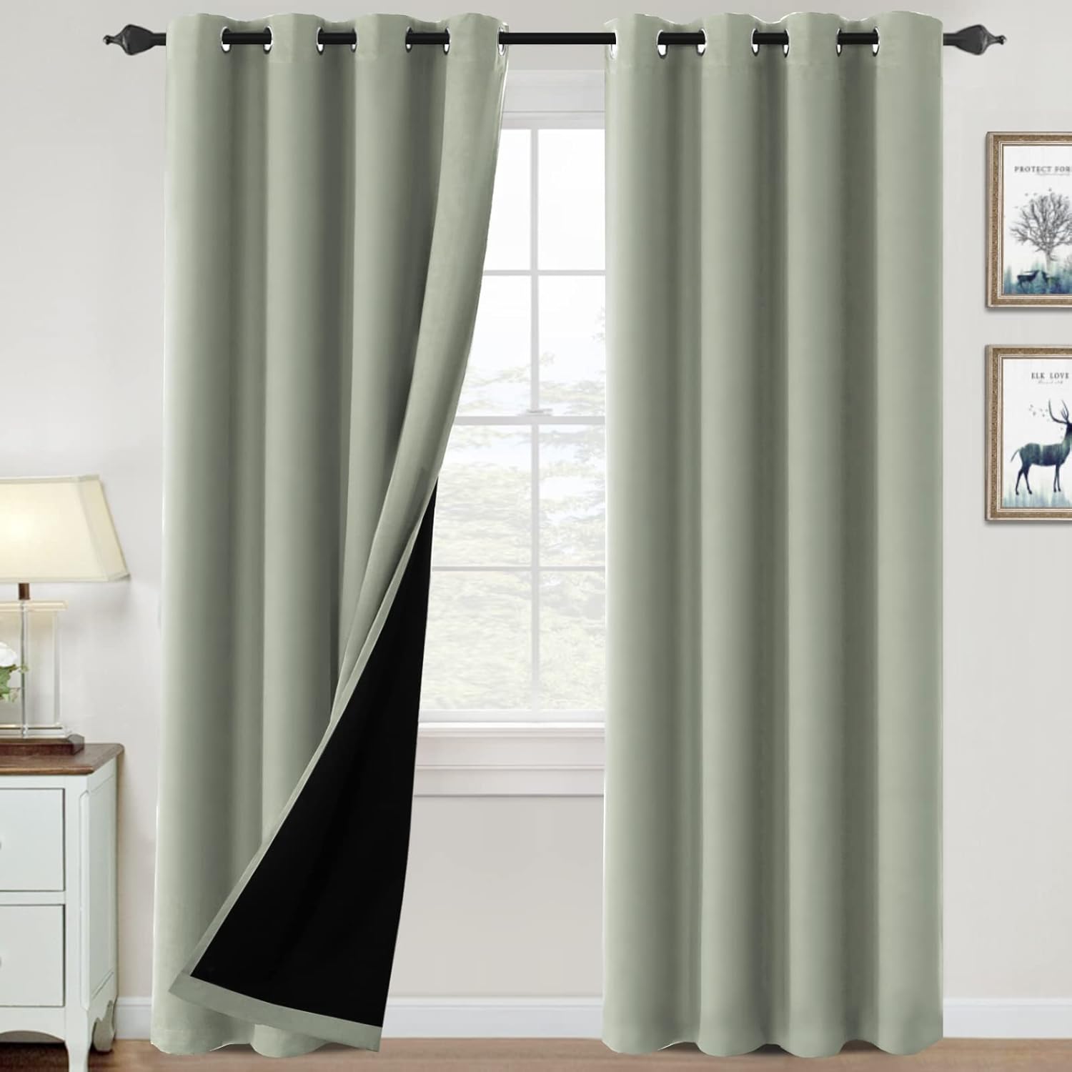 Window Treatments - H.VERSAILTEX 100% Blackout Curtains for Bedroom Thermal Insulated Blackout Curtains 84 inch Length Heat and Full Light Blocking Curtains for Living Room with Black Liner 2 Panels Set, Light Sage