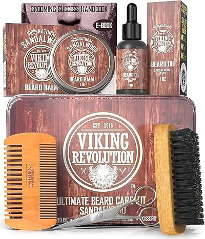 Viking Revolution Beard Grooming Kit Sandalwood 100% Boar Brush Balm Oil
