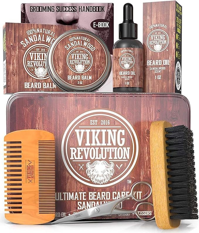 Viking Revolution Beard Grooming Kit Sandalwood 100% Boar Brush Balm Oil