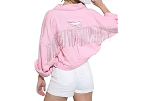 Womens Crop Denim Jacket Sparkly Fringe Western Jacket Casual Cowgirl Tassel Jean Jacket Coat Festival Fashion Outfits