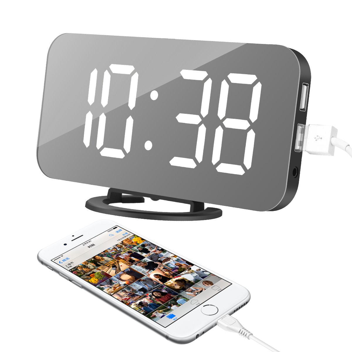 Alarm Clock, LED Digital Clock with 6.5" Large Display, Dual USB Charging Ports, Easy Snooze Function, Diming Mode, Mirror Surface Clock for Bedroom Living Room Office Travel (White Digital)