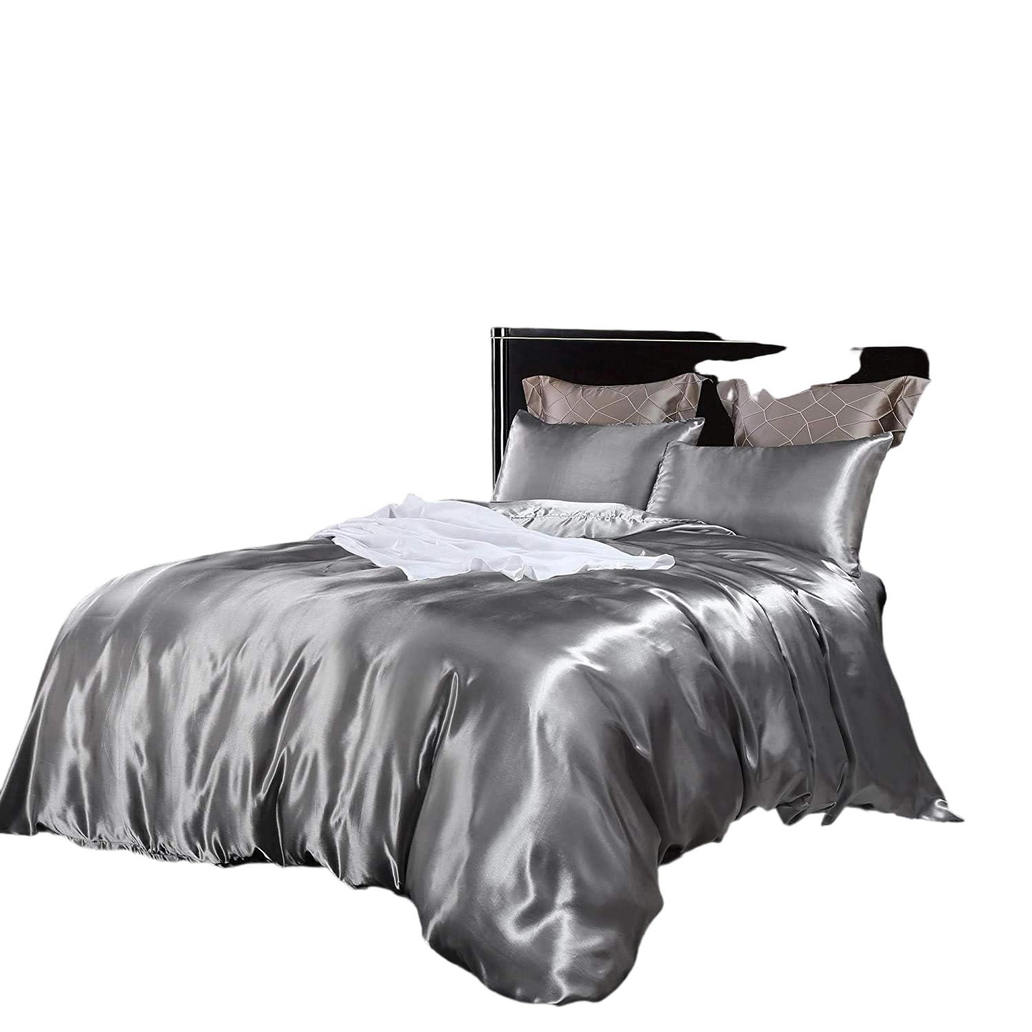 Homewish Silver Duvet Cover Set King Size Silk Like Satin Bedding Sets Summer Reversible Quilt/Comforter Cover Polyester Honeymoon Sexy Luxury Soft Microfiber Bedding Decor