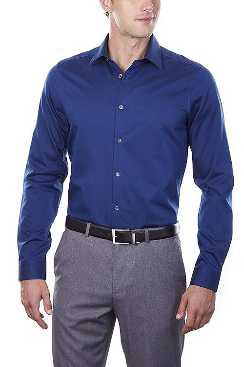 Calvin Klein Men's Slim Fit Non-Iron Herringbone Point Collar Dress Shirt, Blue Velvet, 14.5" Neck 32"-33" Sleeve