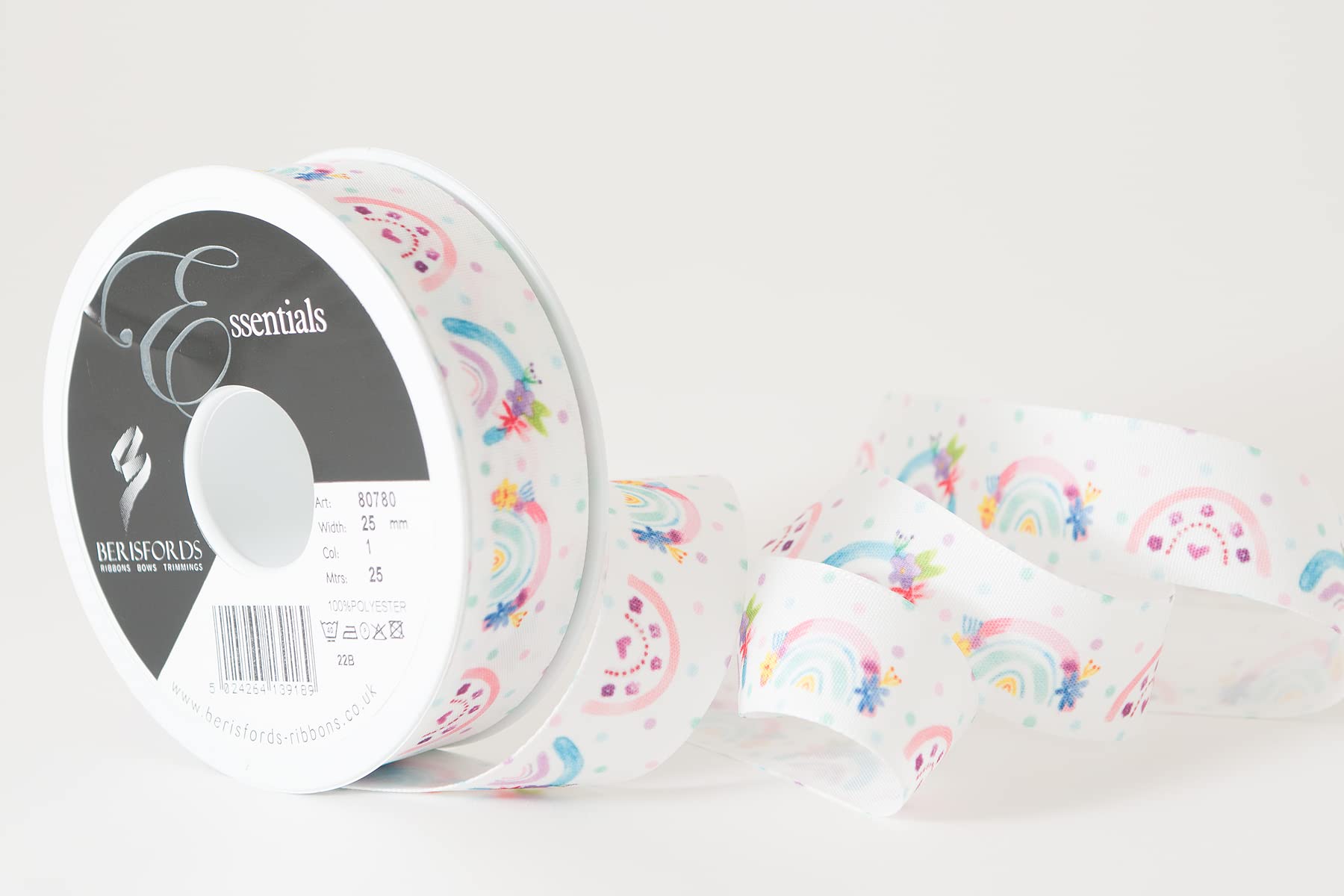 Berisfords Taffeta Patterned Ribbon ‘Rainbow Dreams’ Multicolour on White 25mm Wide 25m Reel