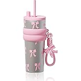 SDGA+ 24 oz Insulated Tumbler witn Lid and Straw Stainless Steel, Insulated Reusable Leak Proof Water Bottle with Strap, Sliver Bow