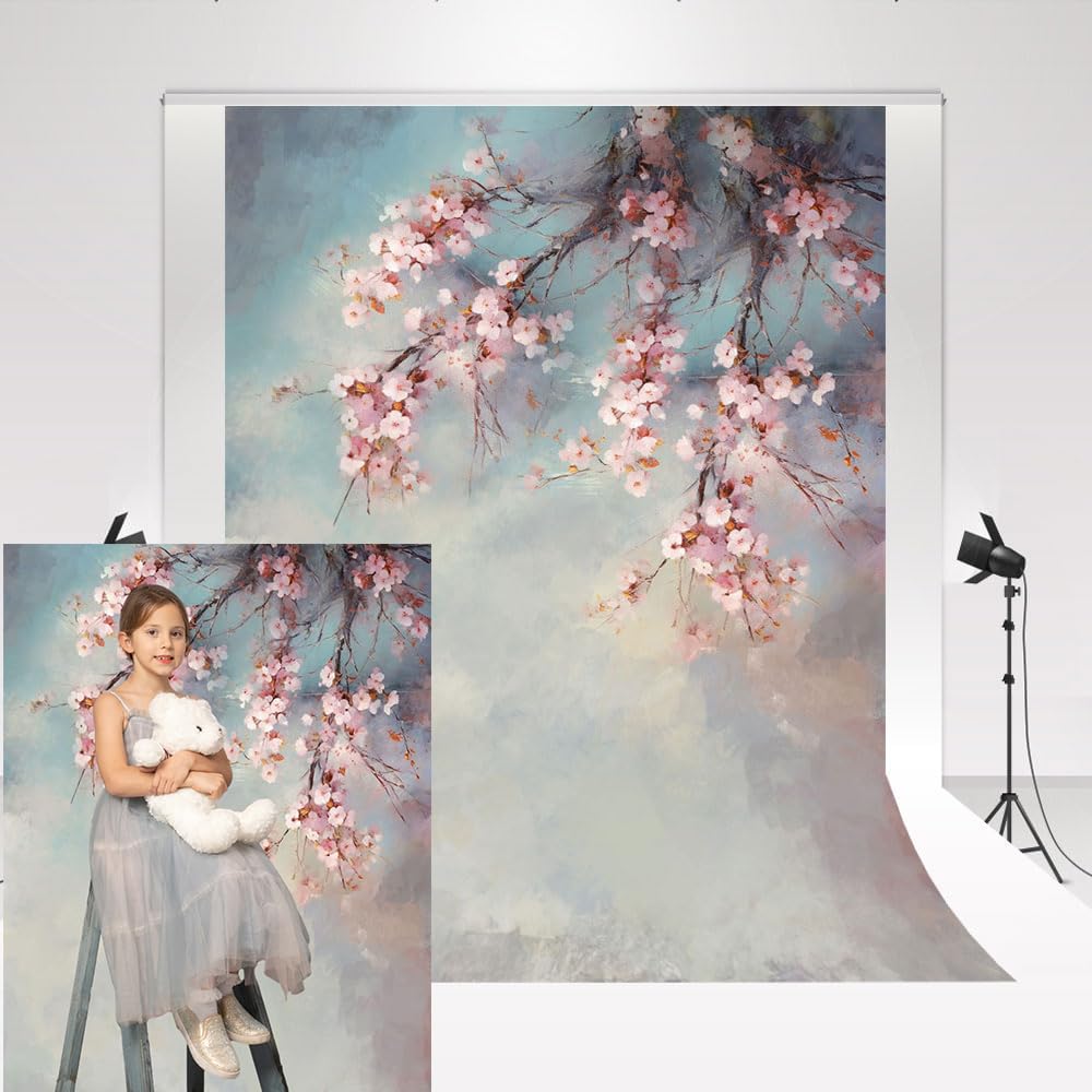Kate Backdrop Photography 5x7ft/1.5mx2.2m Hand Painted Art Pink Flower Photo Shooting Blue and White Abstract Backdrop for Family Party Microfiber Background for Portraits