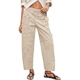 Fisoew Womens 100% Cotton Cargo Pants Drawstring Elastic Waist Casual Hiking Work Pants with Multiple Pockets