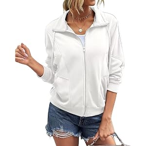 INFITTY Women's Long Sleeve Jacket Full Zip Up Stand Collar with Pockets Casual Batwing Lightweight Sweatshirts
