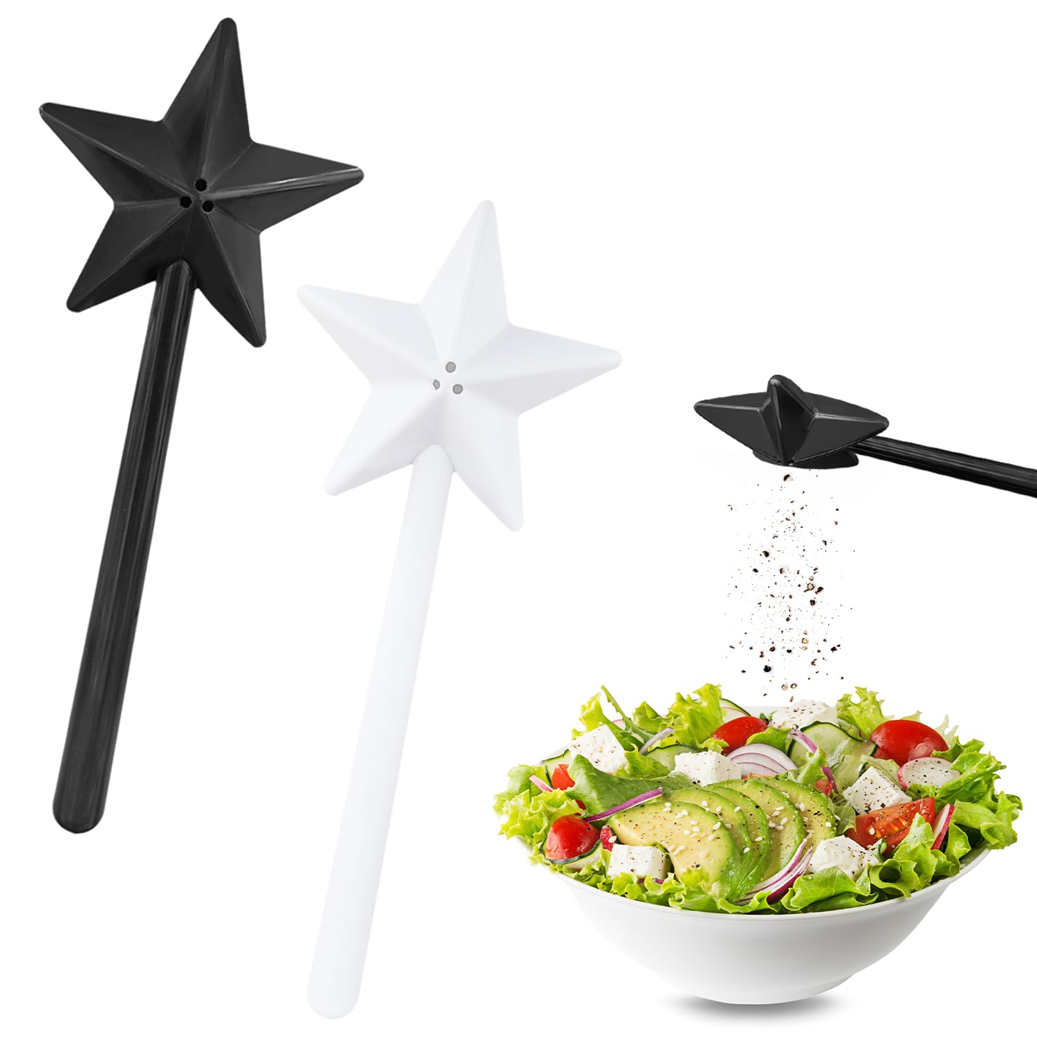 2 Pieces Wand Salt Shaker Fairy Wand Salt Shaker Stars Salt Wand Stars Stick Spice Dispenser with 3 Holes Salt and Pepper Shakers for Home Kitchen BBQ Restaurant Camping (Black/White)