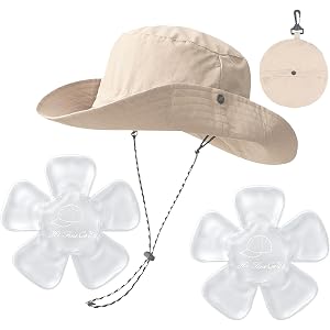 Cooling Sun Hat with Ice Pack, Wide Brim Bucket Hat, Foldable & Packable, Windproof Strap, for Hiking, Camping, Fishing, Trav