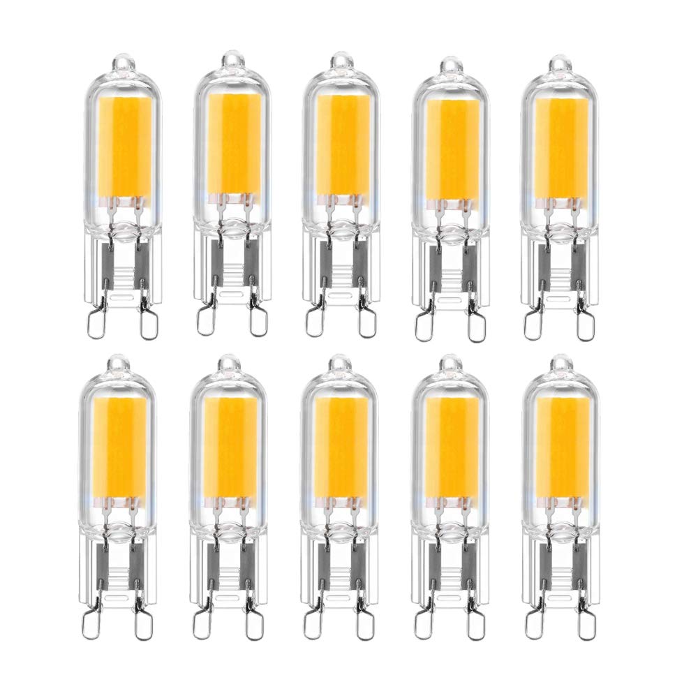 10-Pack G9 2W LED Bulbs,25W Halogen G9 Light Bulbs Replacement,G9 2W COB LED Energy Saving Bulbs,Warm White 3000K LED Lamps,AC 220-240V,360°Beam Angle,Non-Dimmable,250Lm,CRI>80