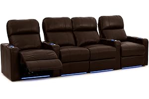 Octane Seating Turbo XL700 Home Theater Seating Brown Leather - Power Recline - Straight Row 4 Chairs - Storage Arms - Lighted Cup Holders & Baserail - Memory Foam