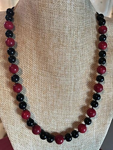 Red Sponge Coral and Black Golden Sheen Obsidian Handmade Bead Necklace with Black Metal Spacers