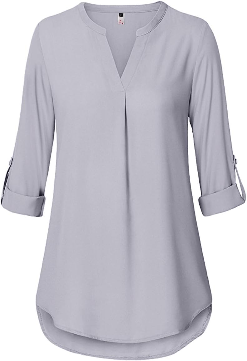 Women Casual V Neck Shirt Chiffon 3/4 Long Sleeve Plus Size Blouse Loose Tops