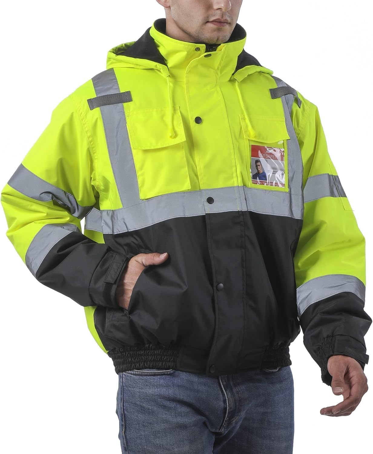 sesafety Reflective Jacket for Men, High Visibility Jackets, Safety Jackets for Men, Hi Vis Construction Bomber Jackets Waterproof with Pockets and Zipper, Black Bottom, Class 3 Image