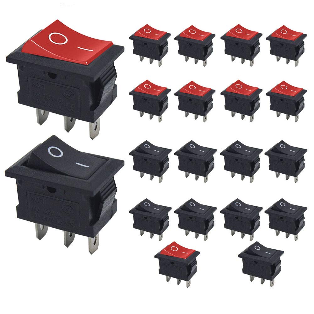 Senven 20Pcs ON/OFF Toggle Switch, 3 Strokes Mini Boat Rocker Switch Automotive Switch AC 6A / 250V, 10A / 125V, Mini Electronic On Off Switch for Car, Boat, Home Appliances (Red +10 Black +10)