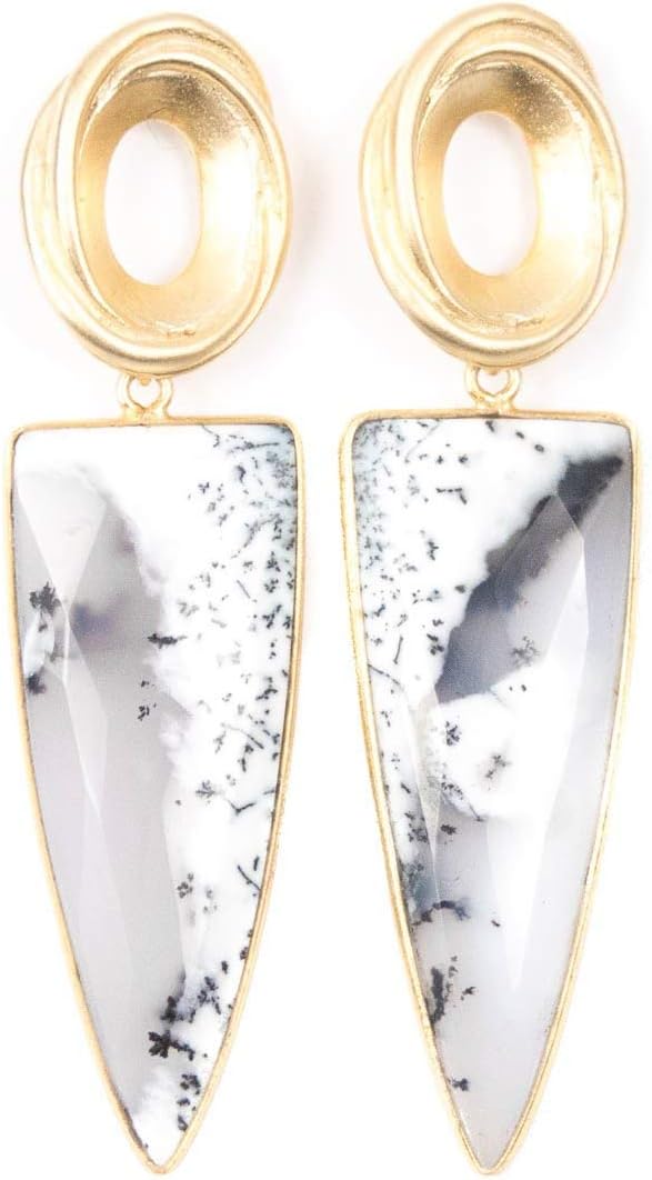 Gold Oval and Dendritic Opal Point Earrings - 2.75 Inches Long Handmade Earrings by Miller Mae Designs