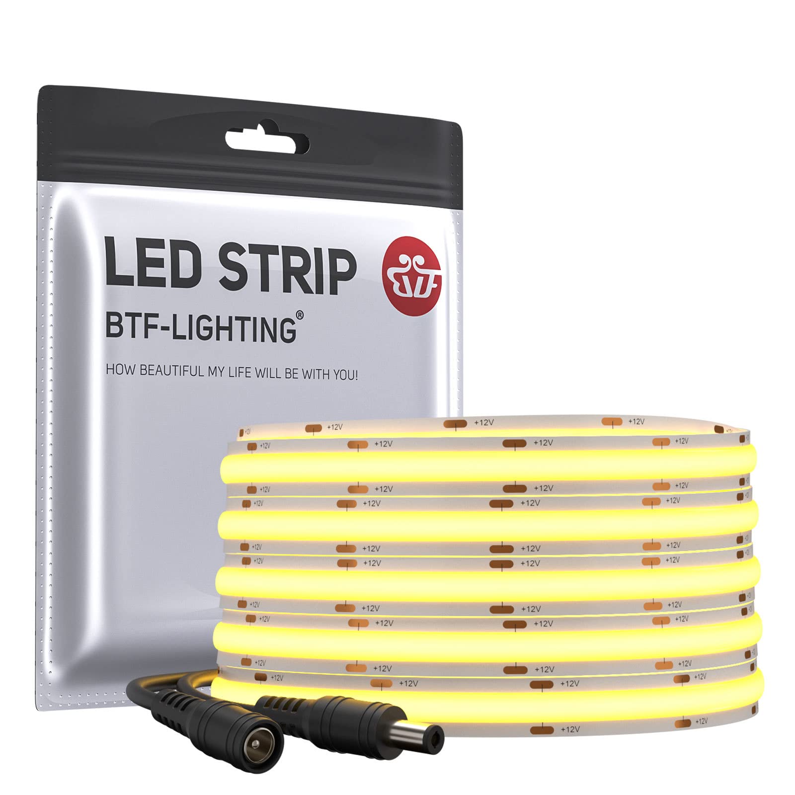 BTF-LIGHTING COB LED Strip Light 5M 528LEDs/m FCOB Dimmable Light Uniformity Flexible High Density Warm White 12V 10mm Width LED Tape for Bedroom Kitchen Home Interior Decoration(Only LED Strip)