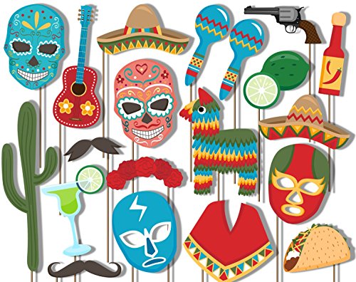 Mexican Fiesta Photo Booth Props Kit - 20 Pack Party Camera Props Fully Assembled