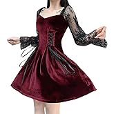 TSMNZMU Womens Gothic Fairy Dress Lace Long Sleeve Velvet Lolita Dresses Vintage Harajuku Emo Dress