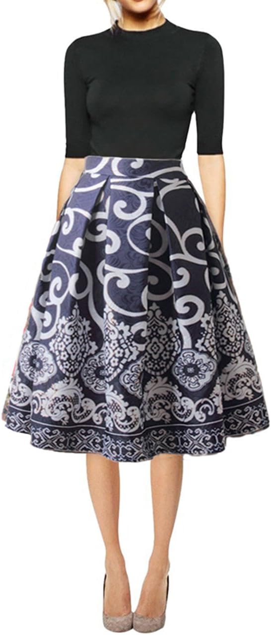 Hanlolo Women's Floral Midi Skirts High Waisted A-Line Cocktail Party Prom Skirt