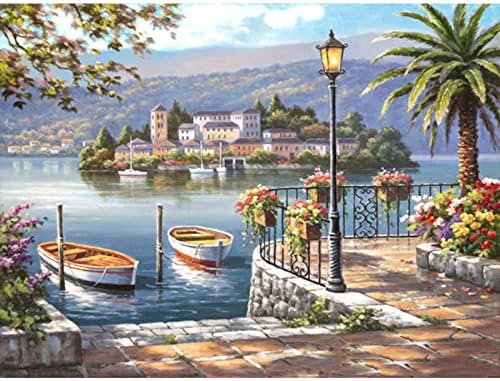 Two Boats in The Mediterranean Painting by Number Kit Wall Stickers for Living Room Decoration Canvas Tool Set Quick Point Stylus Pen Square Drill 40X50CM