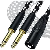 Mugteeve Dual 1/4 TS Mono to XLR Male Y Splitter Cable, 10 Feet Stereo L/R Quarter Inch to XLR Instrument Cable, for Mixer, Electric Drum, Keyboard Recording, Nylon Braided, Black White Color
