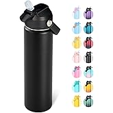 Fijinhom 24oz Insulated Stainless Steel Water Bottle, Wide Mouth Double Wall Vacuum, Silicone Straw, Sweat & Leak Proof, BPA Free Insulated Water Flask for Travel, Keep Cold 24h Hot 12h, Black