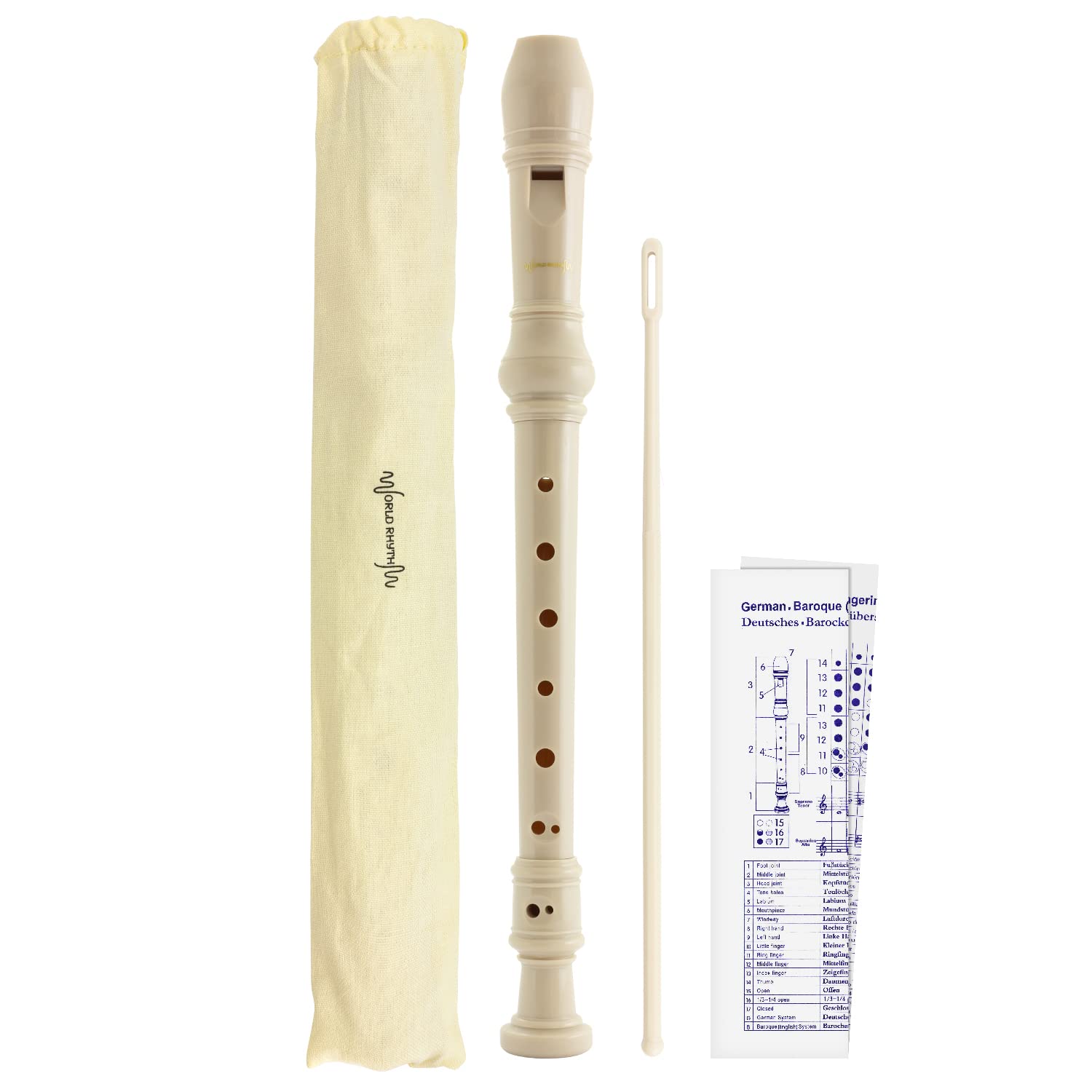 World Rhythm WR-807 Descant School Recorder with Bag, Cleaning Rod and Fingering Chart - Soprano - English/Baroque Fingering - White