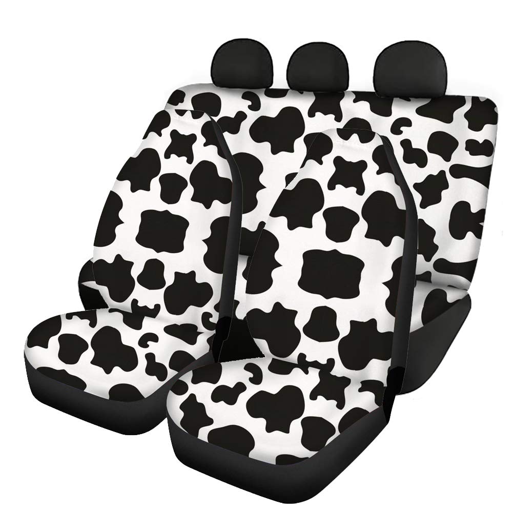 Coloranimal 3PCS Front & Rear Lover Cow Car Seat Cover,Cute Cartoon Pattern Universal Fit Interior Protector Full Set Accessories Vehicle Bucket Seat Protector Mats Cover