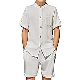 Arshiner Boy's 2 Piece Beach Outfit Short Sleeve Textured Button Down Shirt and Short Sets Summer Vacation Wear 5-12 Years