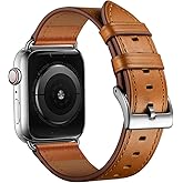OUHENG Leather Bands Compatible with Apple Watch Band 45mm/49mm/44mm/46mm/42mm, Genuine Leather Strap Replacement for iWatch Series 11/9/10/8/7/6/5/4/3/2/1 & Ultra 3/2/1 & SE3 SE2 SE Men Brown Silver