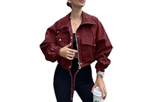 Tankaneo Womens Cropped Jacket Zip Up Lightweight Oversized Utility Anorak Coat with Pockets