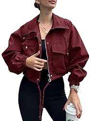 Tankaneo Womens Cropped Jacket Zip Up Lightweight