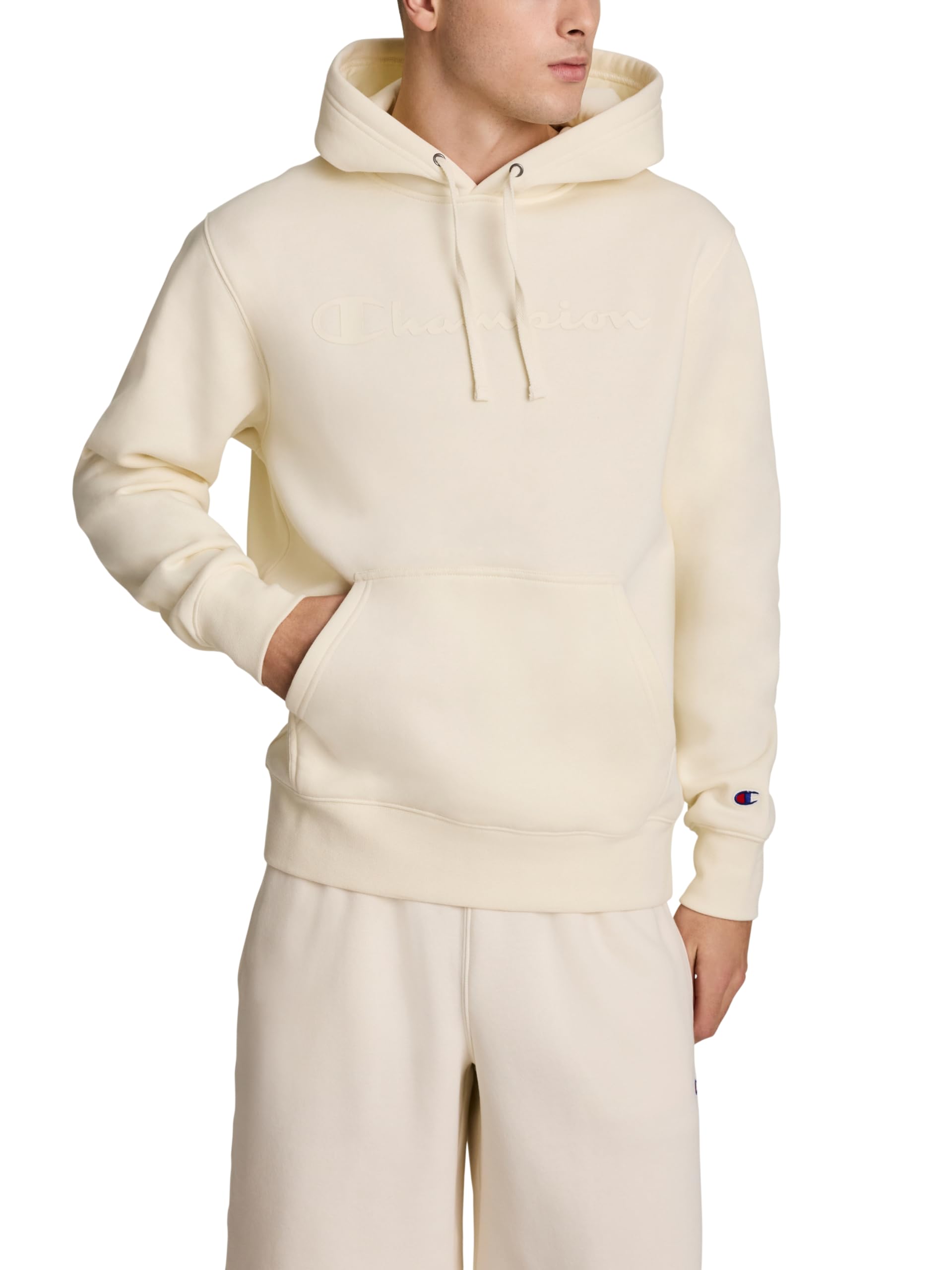 Champion Men's Pullover Graphic Fleece Hoodie, Standard Fit, Midweight Fleece, Tonal Script Logo, Available in Regular and Big & Tall, Unbleached Cotton, X-Large Image